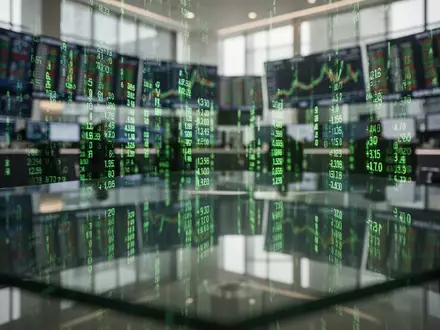 Abstrakte Darstellung von Börsenkursen mit grünen Lichtreflexen auf einem Schreibtisch. - Foto: über boerse-global.de