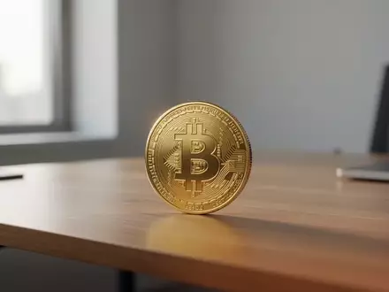 Eine einzelne goldene Bitcoin-Münze auf einem modernen Schreibtisch in natürlichem Licht. - Foto: über boerse-global.de