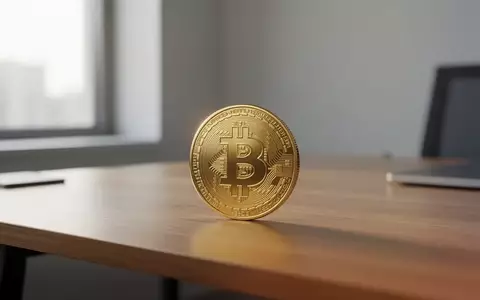 Eine einzelne goldene Bitcoin-Münze auf einem modernen Schreibtisch in natürlichem Licht. - Foto: über boerse-global.de