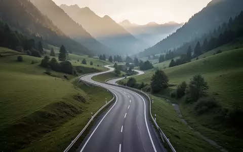 Eine leere, sich durch ein grünes Tal schlängelnde Landstraße im sanften Morgenlicht. - Foto: über boerse-global.de