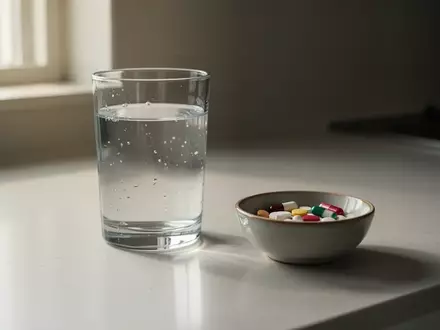 Ein Glas Wasser und eine kleine Schale mit verschiedenen Tabletten und Kapseln auf einer sauberen Küchenoberfläche. - Foto: über boerse-global.de