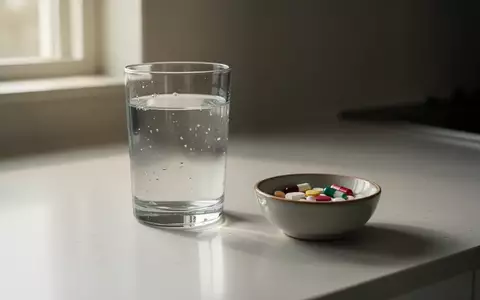 Ein Glas Wasser und eine kleine Schale mit verschiedenen Tabletten und Kapseln auf einer sauberen Küchenoberfläche. - Foto: über boerse-global.de