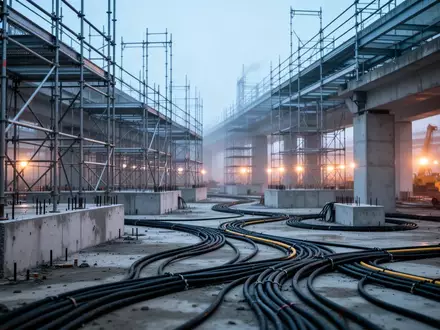 Eine weitläufige, moderne Industriebaustelle mit Stahlgerüsten und Betonfundamenten bei Dämmerung. - Foto: über boerse-global.de