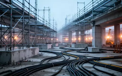 Eine weitläufige, moderne Industriebaustelle mit Stahlgerüsten und Betonfundamenten bei Dämmerung. - Foto: über boerse-global.de