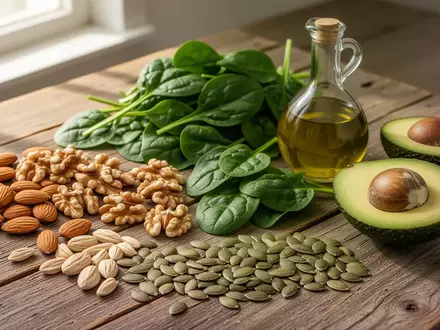 Frische Zutaten wie Nüsse, Kerne, Spinat und Avocado auf einem rustikalen Holztisch als Symbol für eine gesunde Ernährung. - Foto: über boerse-global.de