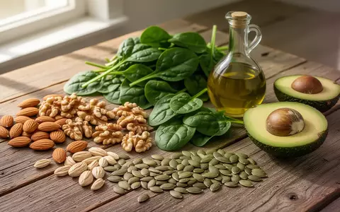 Frische Zutaten wie Nüsse, Kerne, Spinat und Avocado auf einem rustikalen Holztisch als Symbol für eine gesunde Ernährung. - Foto: über boerse-global.de