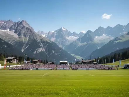Weite, leere Bergwiese in St. Anton am Arlberg vor einer alpinen Kulisse bei strahlendem Sonnenschein. - Foto: über boerse-global.de