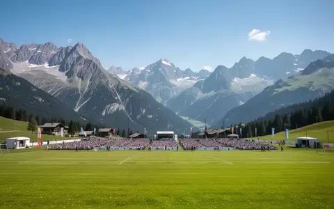 Weite, leere Bergwiese in St. Anton am Arlberg vor einer alpinen Kulisse bei strahlendem Sonnenschein. - Foto: über boerse-global.de