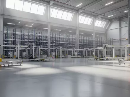Ein moderner, heller Industrielagerraum mit Regalsystemen und sauberem Betonboden ohne Personen oder Roboter. - Foto: über boerse-global.de