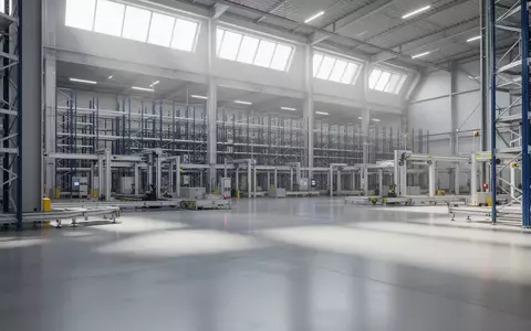 Ein moderner, heller Industrielagerraum mit Regalsystemen und sauberem Betonboden ohne Personen oder Roboter. - Foto: über boerse-global.de