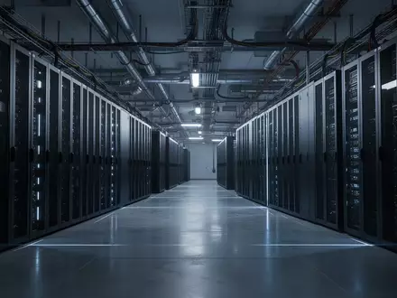Reihen von massiven Server-Schränken in einem modernen Rechenzentrum mit bläulicher Beleuchtung und poliertem Betonboden. - Foto: über boerse-global.de