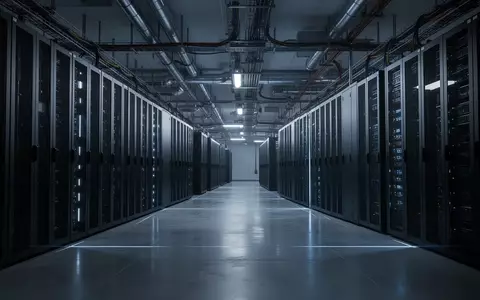 Reihen von massiven Server-Schränken in einem modernen Rechenzentrum mit bläulicher Beleuchtung und poliertem Betonboden. - Foto: über boerse-global.de