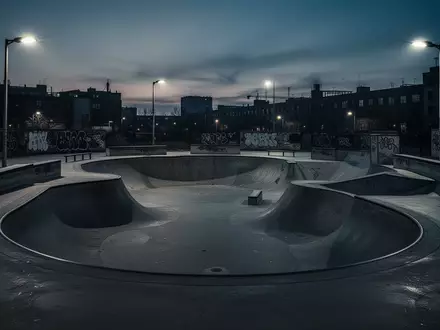 Ein verlassener Skatepark in der Dämmerung mit Betonrampen und kühler Beleuchtung. - Foto: über boerse-global.de