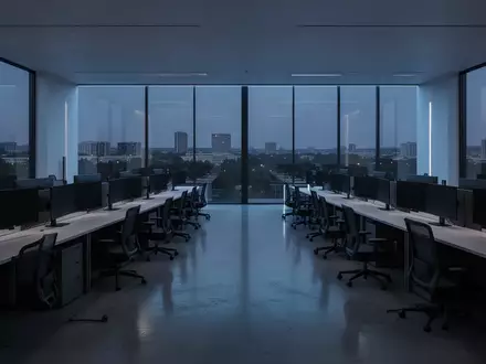 Ein leeres, modern eingerichtetes Sicherheitskontrollzentrum in den Abendstunden mit gedimmter Beleuchtung. - Foto: über boerse-global.de