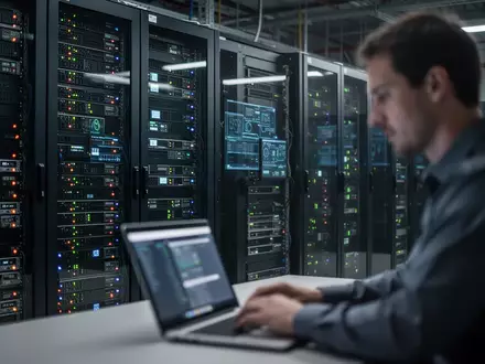 Moderner Kontrollraum für Stromnetze mit Serverracks und technischer Ausrüstung in einer Industrieumgebung - Foto: über boerse-global.de