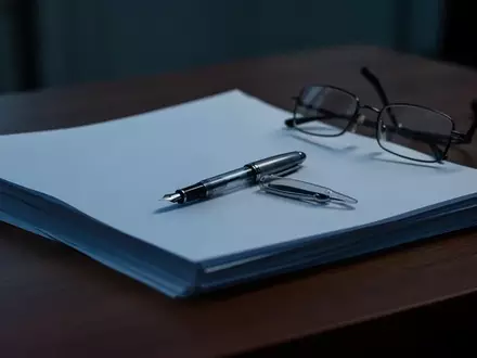 Symbolbild: Papierstapel, Füller und Brille auf dem Schreibtisch - Foto: über boerse-global.de