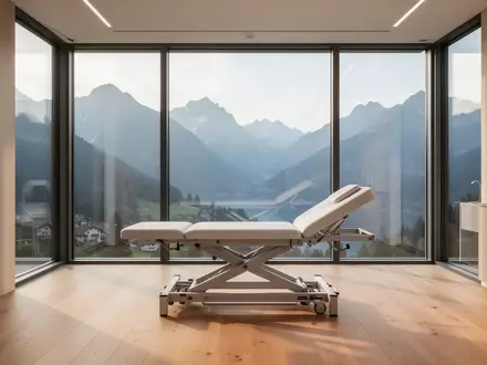 Ein heller, moderner Physiotherapieraum mit Blick auf eine Schweizer Berglandschaft. - Foto: über boerse-global.de