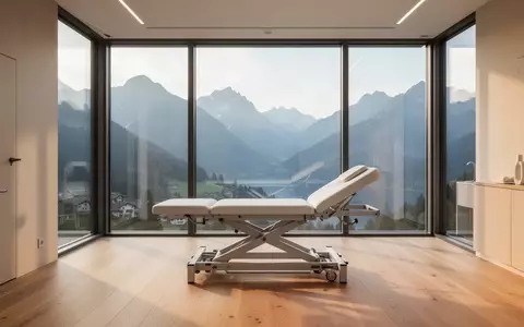 Ein heller, moderner Physiotherapieraum mit Blick auf eine Schweizer Berglandschaft. - Foto: über boerse-global.de