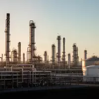 Ein weitläufiges Ölraffinerie-Gelände mit komplexen Rohrleitungssystemen und Destillationstürmen im warmen Licht der Abendsonne. - Foto: über boerse-global.de