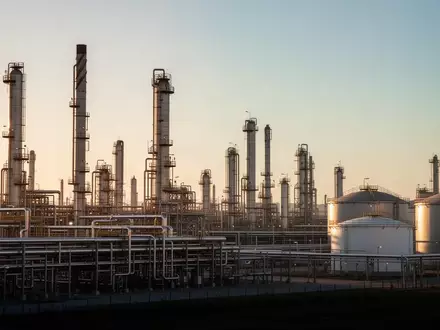 Ein weitläufiges Ölraffinerie-Gelände mit komplexen Rohrleitungssystemen und Destillationstürmen im warmen Licht der Abendsonne. - Foto: über boerse-global.de
