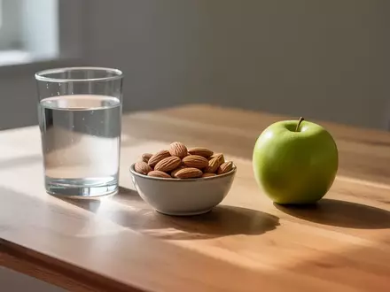 Ein Glas Wasser, Mandeln und ein grüner Apfel auf einem Holztisch als gesunde Zwischenmahlzeit für eine konzentrierte Fahrt. - Foto: über boerse-global.de