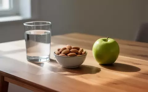 Ein Glas Wasser, Mandeln und ein grüner Apfel auf einem Holztisch als gesunde Zwischenmahlzeit für eine konzentrierte Fahrt. - Foto: über boerse-global.de