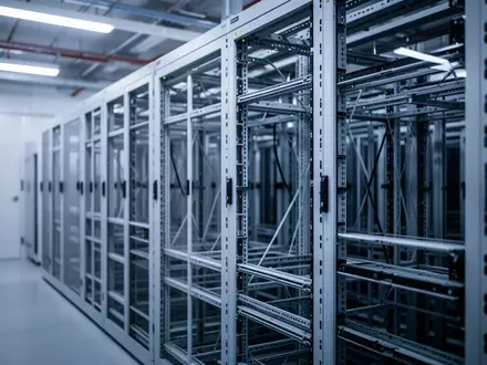 Leere, moderne Server-Racks in einem klimatisierten Technikraum mit industrieller Beleuchtung. - Foto: über boerse-global.de