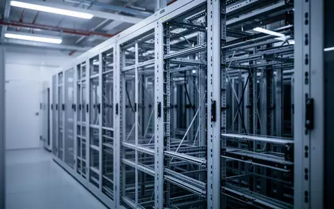 Leere, moderne Server-Racks in einem klimatisierten Technikraum mit industrieller Beleuchtung. - Foto: über boerse-global.de