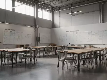 Ein moderner, minimalistisch gestalteter Aufenthaltsraum in einem Industriebetrieb mit leeren Tischen und Stühlen. - Foto: über boerse-global.de