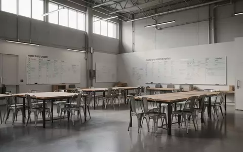 Ein moderner, minimalistisch gestalteter Aufenthaltsraum in einem Industriebetrieb mit leeren Tischen und Stühlen. - Foto: über boerse-global.de