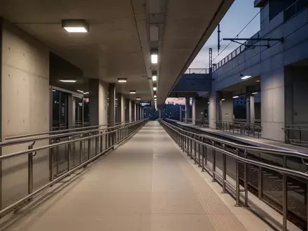 Ein leerer Bahnsteig bei Dämmerung mit moderner Architektur und sachlicher Beleuchtung. - Foto: über boerse-global.de