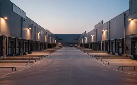 Ein modernes Logistikzentrum mit leeren Laderampen und Betonflächen in der Dämmerung. - Foto: über boerse-global.de