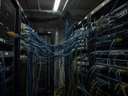 Ein dunkler Serverraum mit komplexer Verkabelung und Netzwerkinfrastruktur als Symbol für digitale Lieferkettenrisiken. - Foto: über boerse-global.de