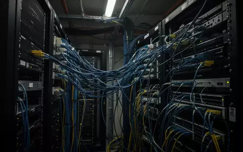 Ein dunkler Serverraum mit komplexer Verkabelung und Netzwerkinfrastruktur als Symbol für digitale Lieferkettenrisiken. - Foto: über boerse-global.de