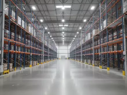 Weitläufiges, modernes Logistiklager mit hohen Metallregalen und poliertem Betonboden in einer Industriehalle. - Foto: über boerse-global.de