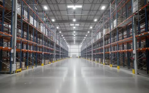 Weitläufiges, modernes Logistiklager mit hohen Metallregalen und poliertem Betonboden in einer Industriehalle. - Foto: über boerse-global.de