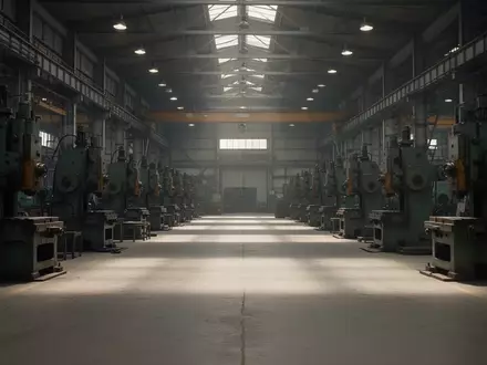 Eine weitläufige, menschenleere Maschinenhalle mit stillstehenden Fertigungsanlagen in einer ruhigen Industrieumgebung. - Foto: über boerse-global.de