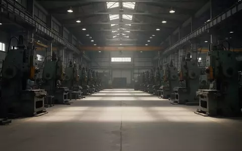 Eine weitläufige, menschenleere Maschinenhalle mit stillstehenden Fertigungsanlagen in einer ruhigen Industrieumgebung. - Foto: über boerse-global.de