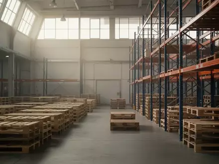 Ein aufgeräumtes, leeres Logistiklager mit Holzpaletten und hohen Metallregalen in natürlichem Licht. - Foto: über boerse-global.de