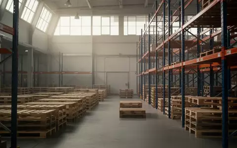 Ein aufgeräumtes, leeres Logistiklager mit Holzpaletten und hohen Metallregalen in natürlichem Licht. - Foto: über boerse-global.de
