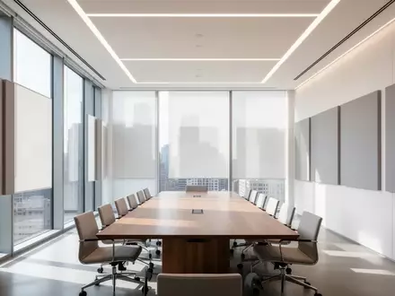Ein heller, minimalistisch gestalteter Konferenzraum mit bodentiefen Fenstern und einem Holztisch in einer modernen Büroumgebung. - Foto: über boerse-global.de