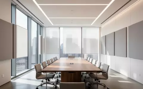 Ein heller, minimalistisch gestalteter Konferenzraum mit bodentiefen Fenstern und einem Holztisch in einer modernen Büroumgebung. - Foto: über boerse-global.de