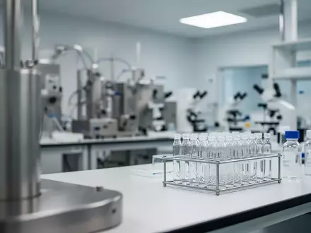 Modernes, steriles pharmazeutisches Forschungslabor mit Edelstahleinrichtungen und Glasfläschchen auf einem Arbeitstisch. - Foto: über boerse-global.de