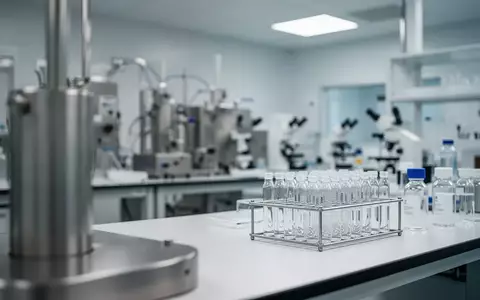 Modernes, steriles pharmazeutisches Forschungslabor mit Edelstahleinrichtungen und Glasfläschchen auf einem Arbeitstisch. - Foto: über boerse-global.de
