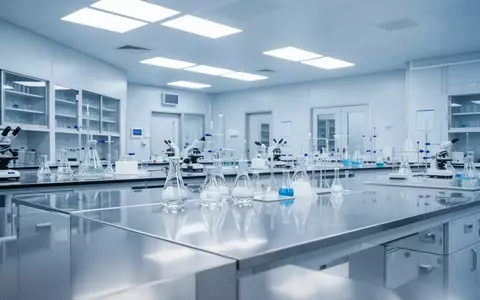 Modernes, steriles Labor mit Edelstahltischen und wissenschaftlichen Glasgeräten in einer klinischen Umgebung. - Foto: über boerse-global.de