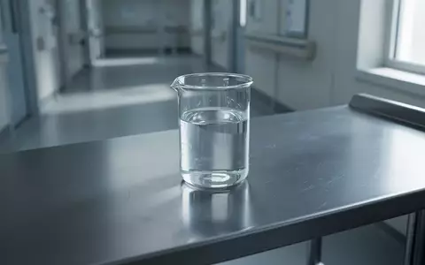 Ein minimalistischer Labortisch mit einem Glas Wasser in einer sterilen, klinischen Umgebung. - Foto: über boerse-global.de