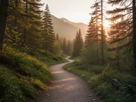 Ein einsamer Pfad in einem grünen Wald bei Sonnenuntergang als Symbol für mentale Erholung und Entschleunigung. - Foto: über boerse-global.de