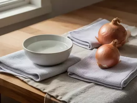 Ein minimalistischer Holztisch mit einer Schale Essig, einem Mikrofasertuch und einer Zwiebel zur Haushaltsreinigung. - Foto: über boerse-global.de