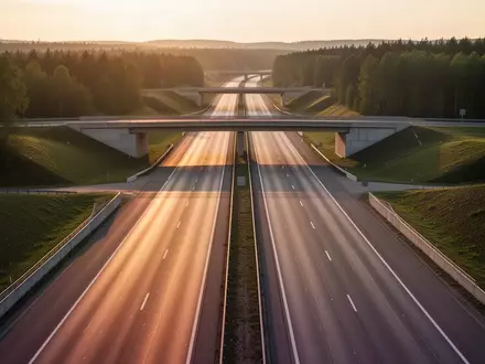 Weitläufiges Autobahnkreuz bei Sonnenuntergang mit weiten Fahrbahnen und grünen Böschungen ohne sichtbare Schilder oder Verkehr. - Foto: über boerse-global.de