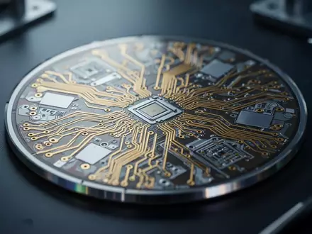 Nahaufnahme eines Silizium-Wafers mit komplexen mikroskopischen Leiterbahnen auf einem dunklen Labortisch. - Foto: über boerse-global.de